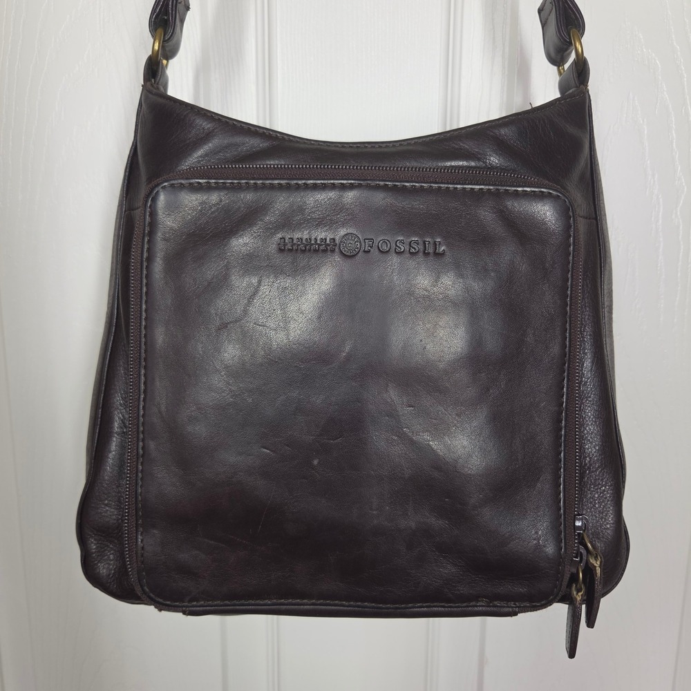 VTG Fossil Leather Zip-Around Organizer Shoulder Bag Dk Brown 75082 90s Heritage
